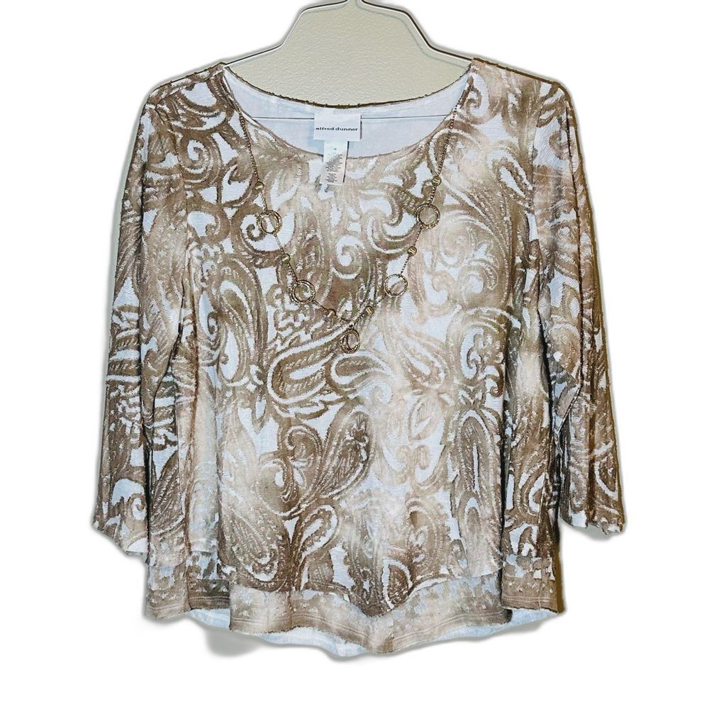 Alfred Dunner Fall Beige Tan Paisley Pointed Knit Top & Attached Necklace Sz M